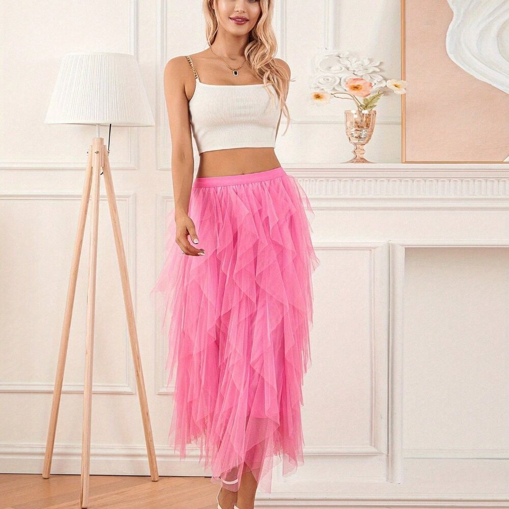 Pink Elegant Women's Sexy Long High Waist Tulle Skirt